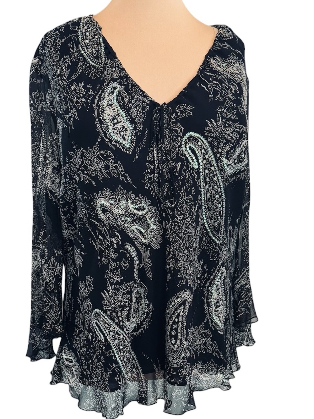 Silkland Black gray paisley sequin boho sheer overlay blouse top plus 3X